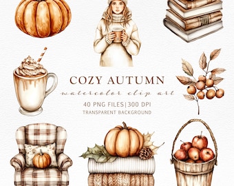 May include: Cozy autumn watercolor clipart set featuring a pumpkin, a woman in a knitted hat and scarf holding a cup of coffee, a stack of books, a branch with red berries, a plaid armchair with a pumpkin pillow, a stack of knitted blankets with a pumpkin on top, and a basket of apples.