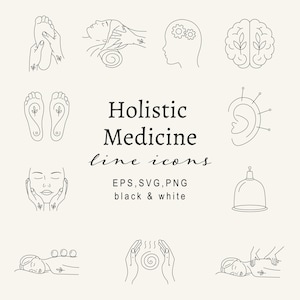 Médecine alternative holistique, icônes de l'art au trait bien-être minimaliste soins personnels PNG, spa, massage, acupuncture, méditation, icônes décrites SVG
