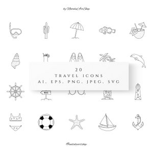 Reispictogrammen instellen PNG Reizende elementen vector strandillustraties Lijnpictogrammen SVG Handgetekende pictogram Zomerlogo-elementen Instagram-hoogtepunten