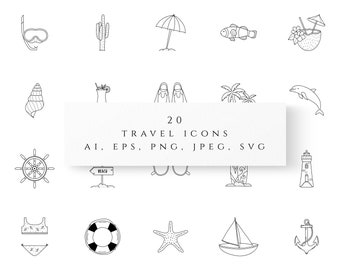 Travel icons set PNG Traveling elements vector Beach illustrations Line icons SVG Hand drawn icon Summer logo elements Instagram highlights