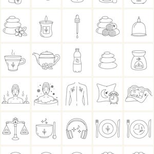K&ouml;nnte beinhalten: Ein Satz von 36 Schwarzwei&szlig;-Zeichnungen von Wellness- und Selbstpflegepraktiken. Die Illustrationen umfassen Yoga, Meditation, Aromatherapie, gesunde Ern&auml;hrung und mehr.