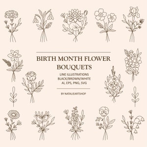 Set di bouquet di fiori per il mese di nascita/Fiori per il mese di nascita PNG/Fiori per il mese di nascita SVG/Illustrazioni floreali/Clipart botaniche/Fiori di nascita/Line art