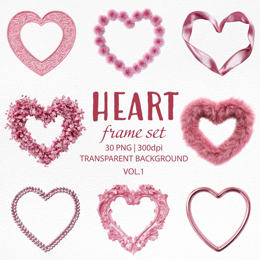 Pink Heart Frames Clipart Bundle | Lace, Fuzzy & Pearl Hearts PNG ...