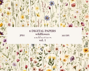 May include: Six digital papers featuring a seamless pattern of watercolour wildflowers in shades of pink, purple, yellow, and blue on a cream background. The text "6 DIGITAL PAPERS wildflowers collection vol. 1 JPEG 300 DPI" is displayed in the centre of the image.