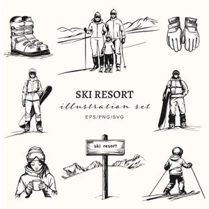 Skigebied illustratie set, Winter Mountain Adventure Icons Set, Snowboard, Alpine Resort Graphics, Wintersport, Wintervakantie, Rustiek