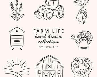 Hand Drawn Farm Garden Line Art Clipart SVG, Cottagecore Homestead Illustrations, Country Life Illustrations Bundle, Botanical Farmhouse SVG