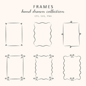 May include: Set of six hand-drawn black frame illustrations. The frames are in various styles, including simple rectangular, wavy, and with bow details.
