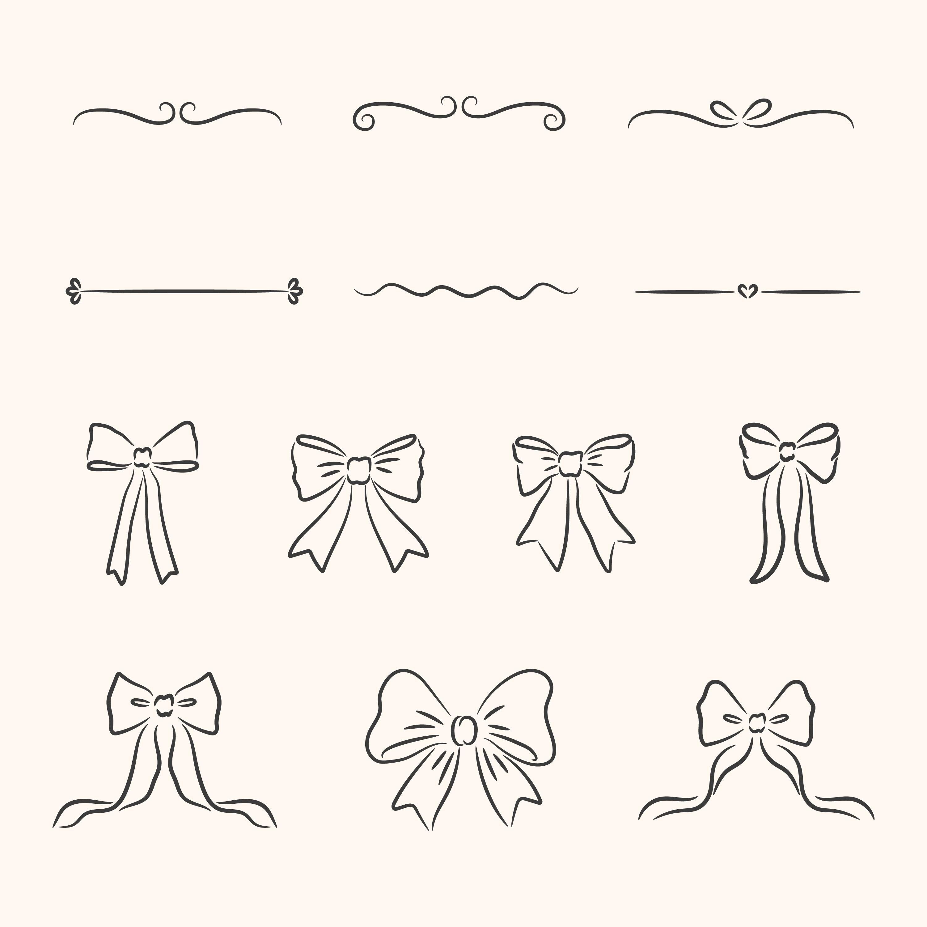 Hand Drawn Bows and Frames Clipart Set SVG, Line Art Dividers, Swirls ...