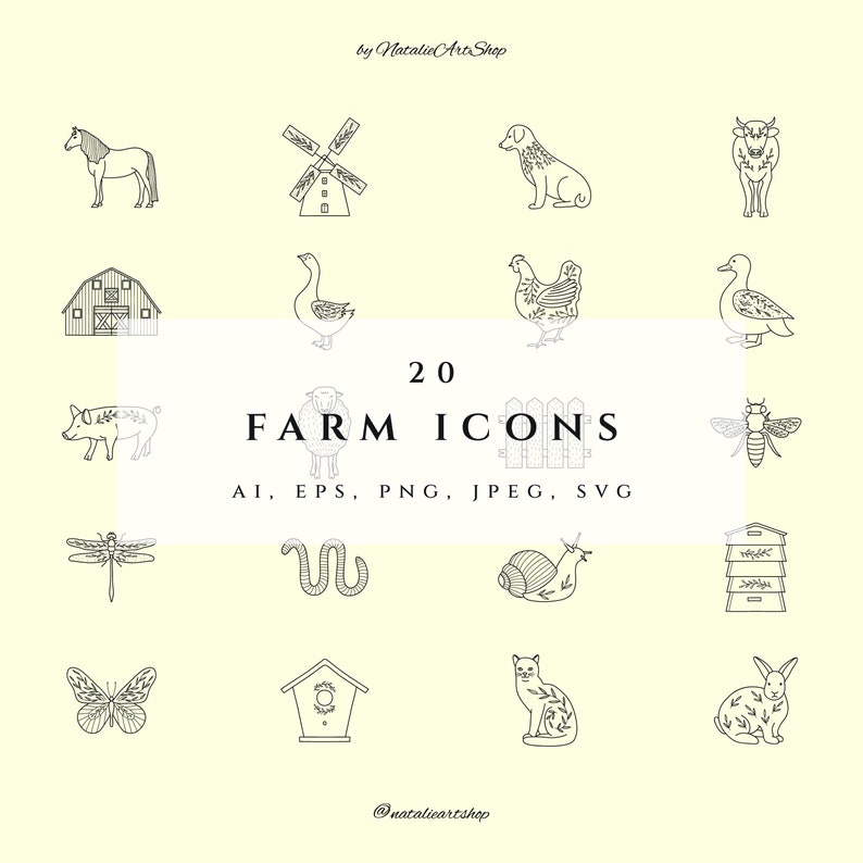 May include: A set of 20 black and white line art farm icons. The icons include a horse, windmill, dog, cow, barn, goose, chicken, duck, pig, sheep, fence, bee, dragonfly, worm, snail, beehive, butterfly, birdhouse, cat, and rabbit.