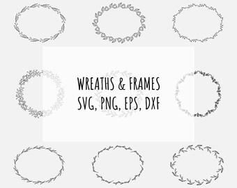Può includere: Set di otto ghirlande e cornici floreali in bianco e nero. Le ghirlande e le cornici sono in una varietà di stili, tra cui semplice, elegante e stravagante. Il testo "WREATHS & FRAMES SVG, PNG, EPS, DXF" è visualizzato al centro dell'immagine.