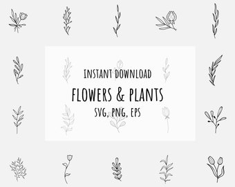 Hand drawn Flower Set SVG-Flower Set PNG-Floral ornament-Botanical Clipart-Wedding flowers and plants-Vector Flowers-Line art leaves