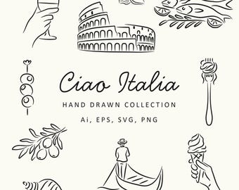 Paquete de imágenes prediseñadas de viajes a Italia, iconos italianos dibujados a mano, ilustraciones de monumentos y comida en estilo lineal, estética de vacaciones en Europa PNG SVG, vector