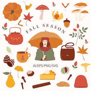 Op de afbeelding: Een verzameling herfst-illustraties, waaronder een pompoen, bladeren, paddenstoelen, een theepot, een kopje thee, een vrouw met een paraplu, een handtas, een taart, kastanjes, eikels en een muts. De tekst "Fall Season" is geschreven in een decoratief lettertype.