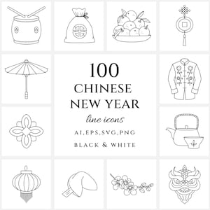 Set di icone della linea di Capodanno cinese/Capodanno lunare PNG/Zodiaco lunare SVG/Illustrazioni dello zodiaco cinese/Clipart di animali dello zodiaco/disegno/Drago