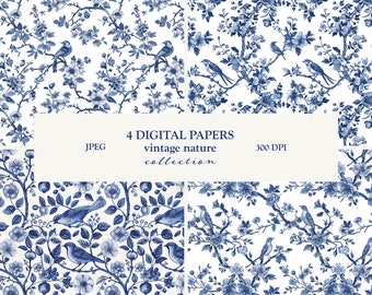 May include: Four digital papers featuring a blue and white floral pattern with birds. The papers are 300 DPI and in JPEG format.  The text "4 DIGITAL PAPERS vintage nature collection" is in the center of the image.