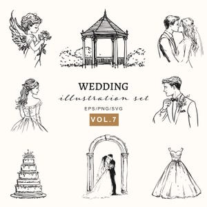 Paquete de ilustraciones de bodas de línea, gráficos florales y de lugares para invitaciones, señalización, marca, PNG/vector de boda, conjunto de San Valentín SVG