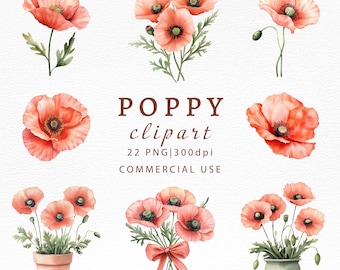Watercolor Poppy Clipart Set PNG, Floral Illustrations, Red Flower Bouquets, Leaves for Crafts, Invitations & Prints, Sublimation file