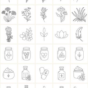 K&ouml;nnte beinhalten: Linienzeichnungen verschiedener Kr&auml;uter, Blumen und Pflanzen, darunter Lavendel, Aloe Vera und Ginkgo biloba.  Dargestellt sind auch Gl&auml;ser mit pflanzlichen Nahrungserg&auml;nzungsmitteln, Flaschen mit &auml;therischen &Ouml;len und andere nat&uuml;rliche Heilmittel.