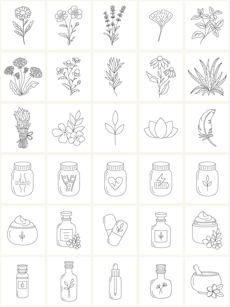 K&ouml;nnte beinhalten: Linienzeichnungen verschiedener Kr&auml;uter, Blumen und Pflanzen, darunter Lavendel, Aloe Vera und Ginkgo biloba.  Dargestellt sind auch Gl&auml;ser mit pflanzlichen Nahrungserg&auml;nzungsmitteln, Flaschen mit &auml;therischen &Ouml;len und andere nat&uuml;rliche Heilmittel.