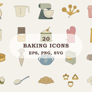 Conjunto de ícones de cozimento/Clipart de cozinha/Ilustração de culinária/Utensílios de cozinha/Suprimentos de cozinha SVG/Pacote de ícones de padaria/Clip art de utensílios de cozinha/Desenhado à mão
