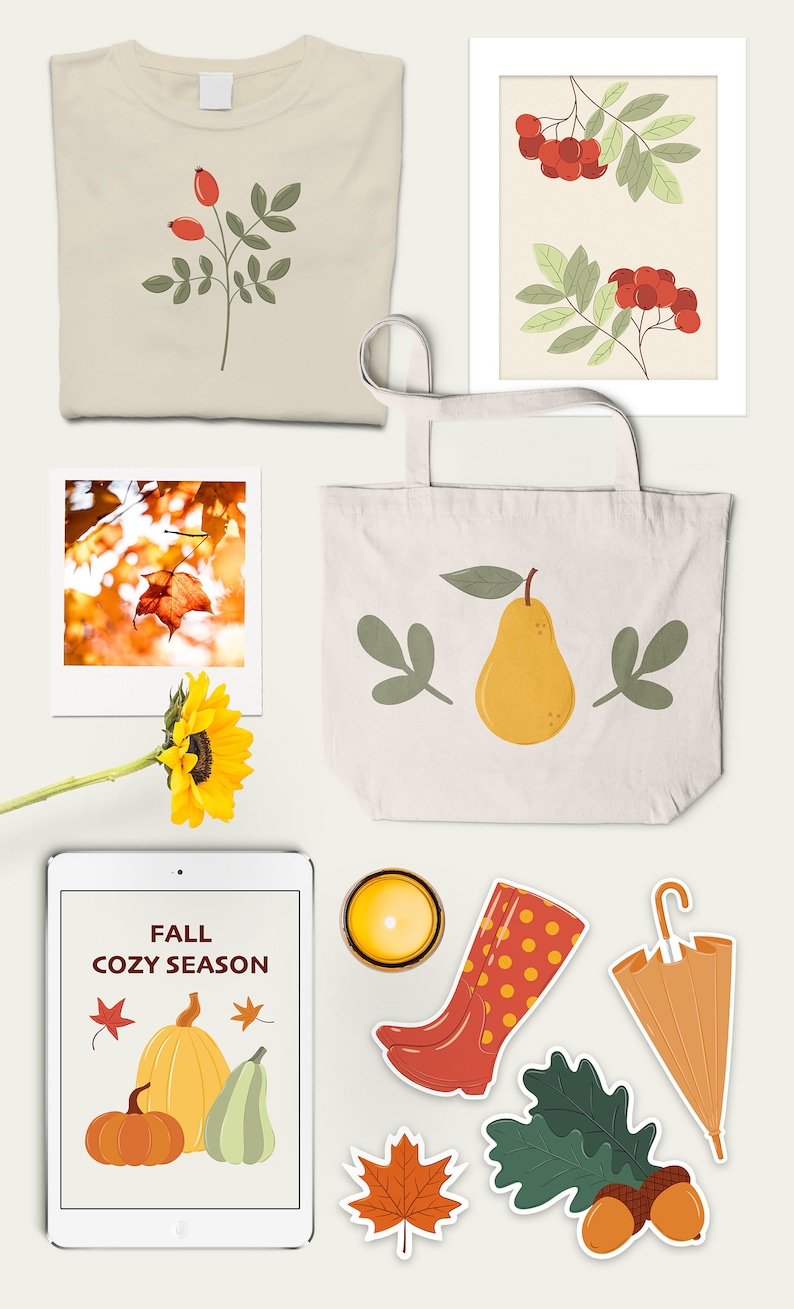 May include: A digital illustration of fall-themed items, including a tote bag with a pear design, a t-shirt with a branch of red berries, a digital tablet with the text "Fall Cozy Season" and a pumpkin design, a candle, a pair of red rain boots with white polka dots, an orange umbrella, a leaf, and acorns.
