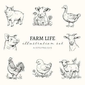 Animaux de la ferme Illustration ensemble-Ferme rustique Clipart PNG-agriculture clip art-Dessiné à la main Style-ferme-cour Fichiers SVG-vecteurs-volaille-vache-cochon-mouton