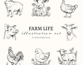 Farm animals Illustration Set-Rustic Farmhouse Clipart PNG-Farming clip art-Hand Drawn Style-Farmyard SVG-Vector files-Poultry-Cow-Pig-Sheep