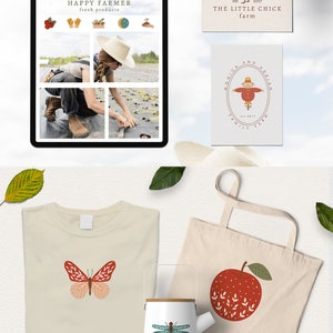 May include: A set of four farm-themed logos featuring a red barn, a red apple, a butterfly, and a dragonfly. The logos are designed in a rustic style with a white background and colorful accents.