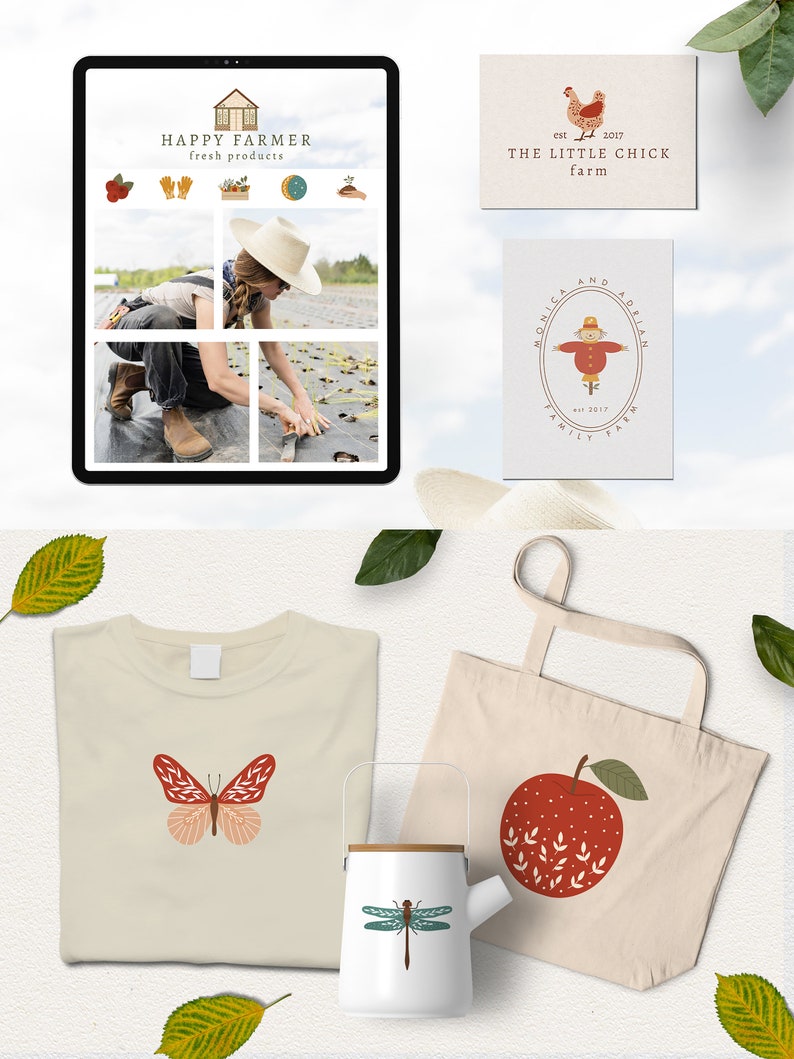 May include: A set of four farm-themed logos featuring a red barn, a red apple, a butterfly, and a dragonfly. The logos are designed in a rustic style with a white background and colorful accents.