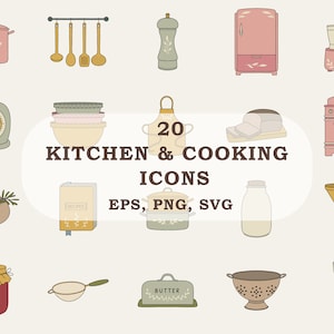 Conjunto de ícones de cozinha/Ilustração de culinária SVG/Clip art de materiais de cozinha/Ícones desenhados à mão/Utensílios de cozinha/Pacote de ícones de utensílios de cozinha PNG/Padaria EPS