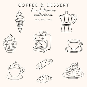 Dessin au trait café et dessert | Icônes de café italien dessinées à la main | Tampons numériques Espresso Cupcake Cannoli | Illustration vectorielle SVG