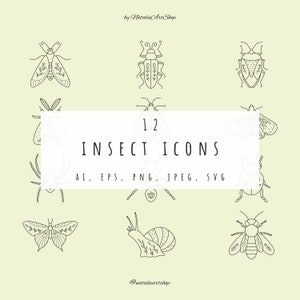 Ensemble d'icônes d'insectes/icône de papillon SVG/illustration de ligne de papillon de nuit/icône d'araignée PNG/icône de contour de coccinelle/paquet d'icônes d'insecte/clipart d'escargot/superposition/fourmi