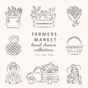 Könnte beinhalten: Schwarz-Weiß-Strichzeichnungen von Artikeln vom Bauernmarkt. Enthält eine Papiertüte mit Produkten, eine Holzkiste mit Gemüse, einen Blumenstrauß, einen Weidenkorb, eine Person, die einen Kürbis hält, einen mit Produkten gefüllten Lastwagen und eine Person, die ein Huhn hält. Der Text lautet "Farmers Market hand drawn collection".