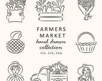Farmers Market Clipart Bundle, Hand Drawn Farm Stand Illustrations, Organic Food PNG, Rustic Market Art, Country Line Art, Veggie Fruit SVG