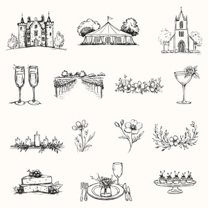 May include: A collection of hand-drawn illustrations depicting various wedding elements, including a castle, a tent, a church, champagne flutes, a vineyard, floral arrangements, candles, a cake, a place setting, and canap&eacute;s.