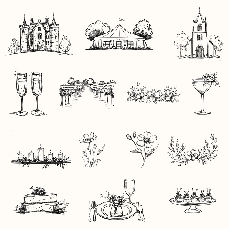 May include: A collection of hand-drawn illustrations depicting various wedding elements, including a castle, a tent, a church, champagne flutes, a vineyard, floral arrangements, candles, a cake, a place setting, and canap&eacute;s.