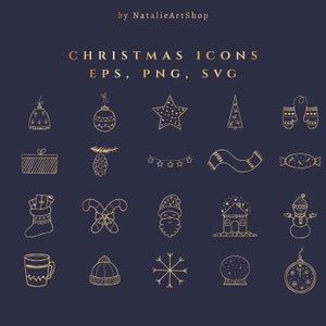 Golden Hand Drawn Christmas icon set-New Year Instagram highlights-Outline illustration SVG-Clipart element PNG- Gold Vector Christmas Tree