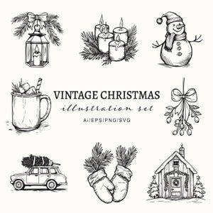 Conjunto de ilustrações de Natal vintage - Estilo desenhado à mão Clipart de férias - Natal retrô SVG - Cartão de Natal faça você mesmo - Arte festiva PNG - Uso comercial