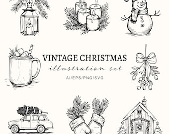 Peut inclure: Un ensemble d'illustrations de Noël vintage en noir et blanc. Les illustrations comprennent un bonhomme de neige, une lanterne, des bougies, une tasse de chocolat chaud, du gui, des mitaines, une voiture avec un sapin de Noël sur le toit et une petite maison.