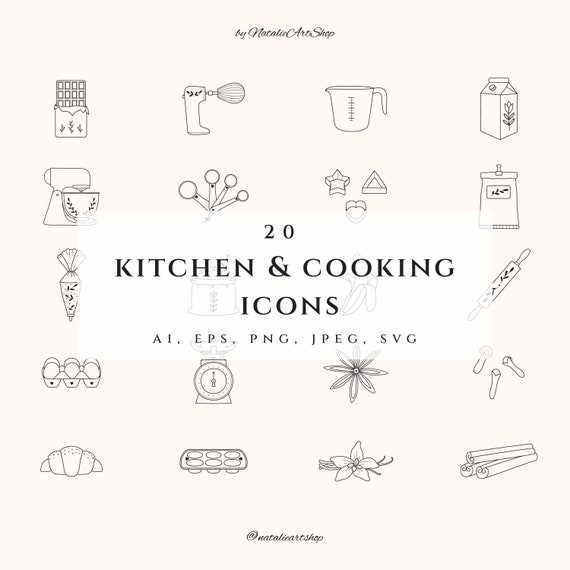 Bakery icon set-Kitchen illustrations-Cooking logo elements-Food clip art-Recipe stickers-Hand drawn line icons-Instagram highlight cover