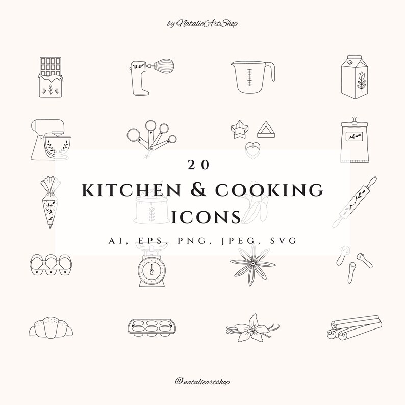 May include: A set of 20 black and white line drawings of kitchen and cooking icons. The icons include a whisk, measuring cup, milk carton, stand mixer, measuring spoons, cookie cutters, a bag of sugar, a rolling pin, a carton of eggs, a kitchen scale, star anise, cloves, a croissant, an egg carton, vanilla beans, and cinnamon sticks.