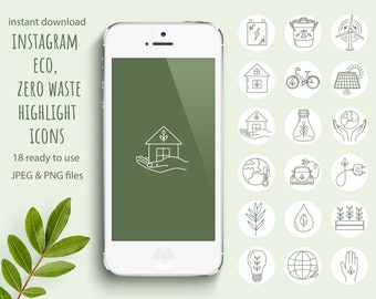 Eco Instagram highlight icon set/Zero waste story covers/Sustainable/Eco Friendly/Green energy/Recycling Icons/Outlined Icons/Social media