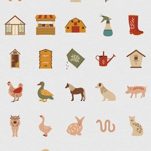 May include: A set of 30 colorful farm-themed illustrations, including a tractor, windmill, scarecrow, barn, watering can, beehive, chicken, duck, horse, dog, pig, cow, goose, rabbit, worm, cat, snail, sheep, butterfly, dragonfly, and bee.