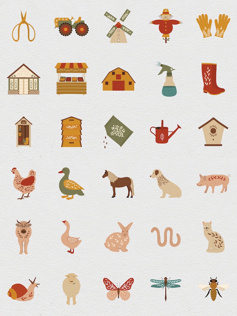 May include: A set of 30 colorful farm-themed illustrations, including a tractor, windmill, scarecrow, barn, watering can, beehive, chicken, duck, horse, dog, pig, cow, goose, rabbit, worm, cat, snail, sheep, butterfly, dragonfly, and bee.