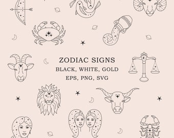 Zodiac Signs Clipart Set/Zodiac Symbols/Celestial Illustrations PNG/ Astrology SVG/Horoscope Symbols/Astrological Signs Icons/Logo Elements