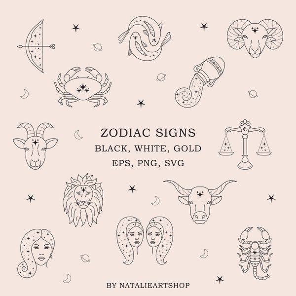 Zodiac Signs Clipart Set/Zodiac Symbols/Celestial Illustrations PNG/ Astrology SVG/Horoscope Symbols/Astrological Signs Icons/Logo Elements