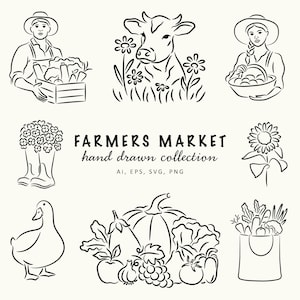 Ferme ligne Art icône Bundle SVG, clipart marché fermier dessinés à la main, logos d'aliments biologiques/illustrations de marque rustique PNG/animaux/fruits/légumes