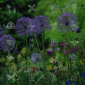 May include: A collection of white line drawings of farm animals, insects, and other objects on a green and purple floral background. The drawings include a horse, a windmill, a barn, a pig, a sheep, a fence, a bee, a dragonfly, a snake, a snail, a beehive, a birdhouse, a cat, and a rabbit.