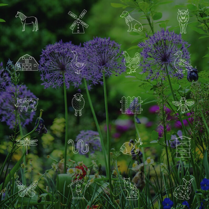 May include: A collection of white line drawings of farm animals, insects, and other objects on a green and purple floral background. The drawings include a horse, a windmill, a barn, a pig, a sheep, a fence, a bee, a dragonfly, a snake, a snail, a beehive, a birdhouse, a cat, and a rabbit.