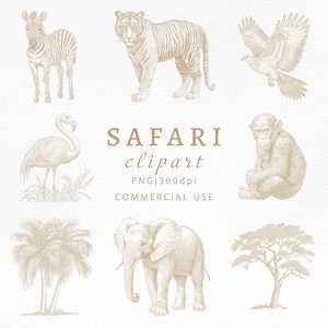 Clipart animaux africains vintage, Safari Wildlife Sketch PNG Bundle, dessin au trait animaux de la jungle pour art mural, chambre d'enfant, animaux d'Afrique, animal de zoo